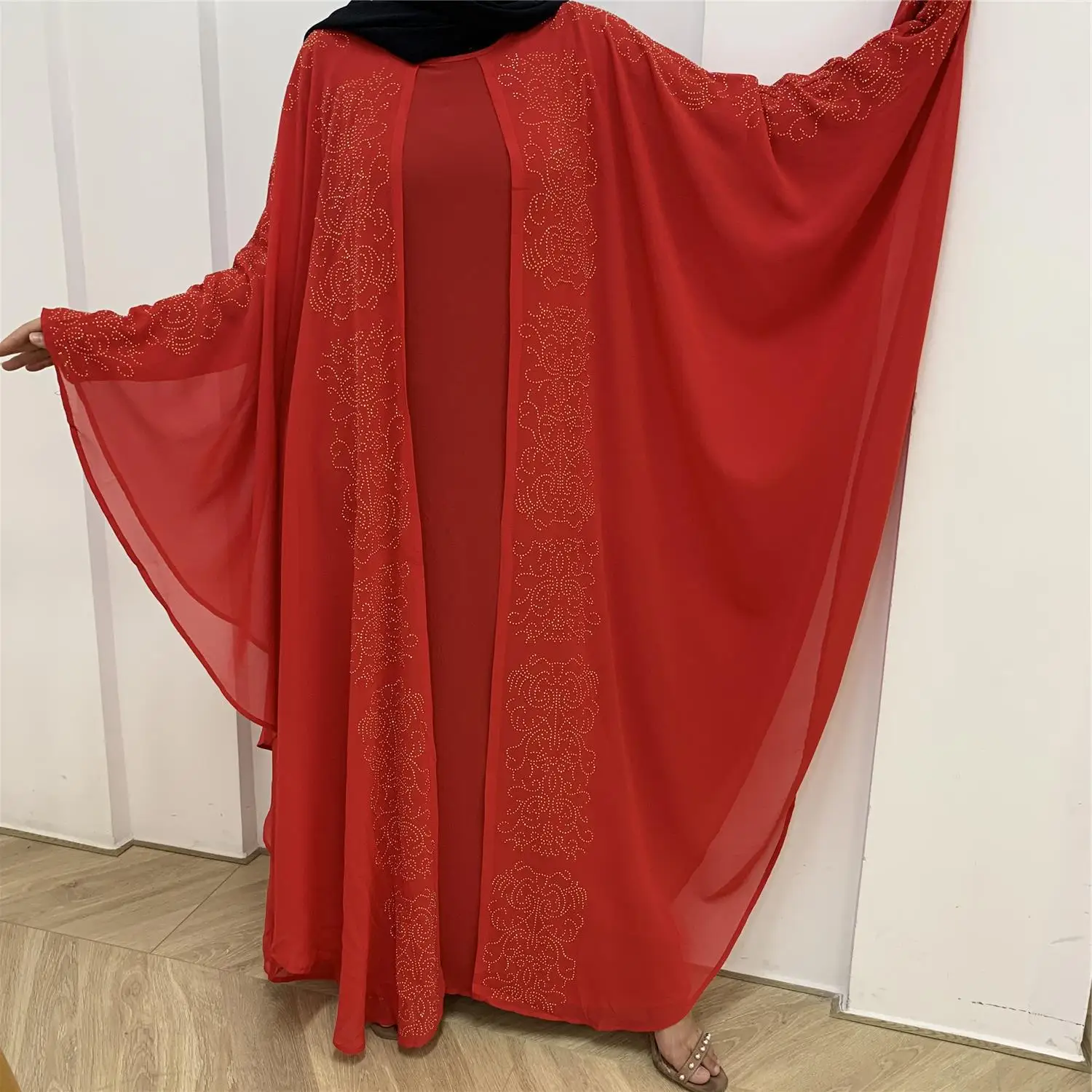 Chiffon Ironing Drill Muslim Dress Women Big Bat Sleeve Abayas for Womne Middle East Loose Long Dress Islamic Clothing for Women