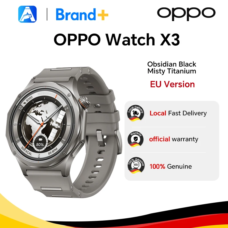 Version européenne de la montre connectée OPPO Watch X3 avec Wear OS by Google, suivi du sommeil, autonomie de 16 jours, mesure de la saturation en oxygène (SpO2), certification IP69 et Google Wallet