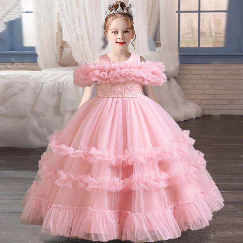 New lace Christmas party one shoulder evening dress for 3-12-year-old birthday party, mesh fluffy girl princess dress