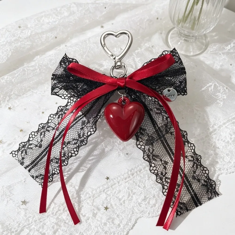 Hollow Design Lace Bow Keychain Exquisite Ornament Lace Texture Ribbon Keyring Heart Pendant Red Black Bag Pendant Holiday Gift