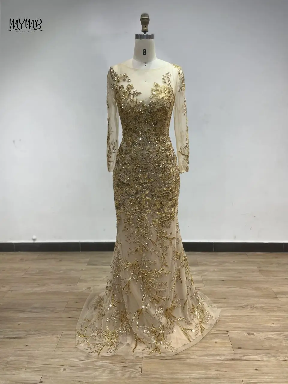 

MYMB Gold Sheer Long Sleeves Eleagnt Mother of The Bride Dresses for Weddings Luxury Beaded Mermaid Floral Prom Party Gowns