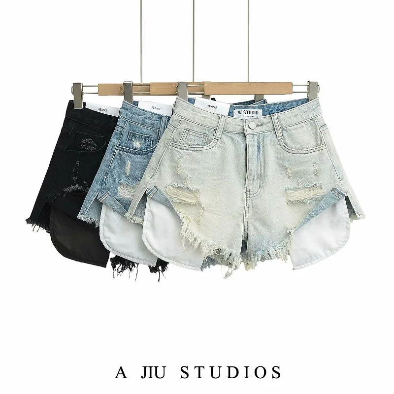 

High Street Spicy Girl Heavy Du Waed Ripped Denim orts Jazz Dance Front ort Ba Длинные широкие модные шорты трапециевидной формы