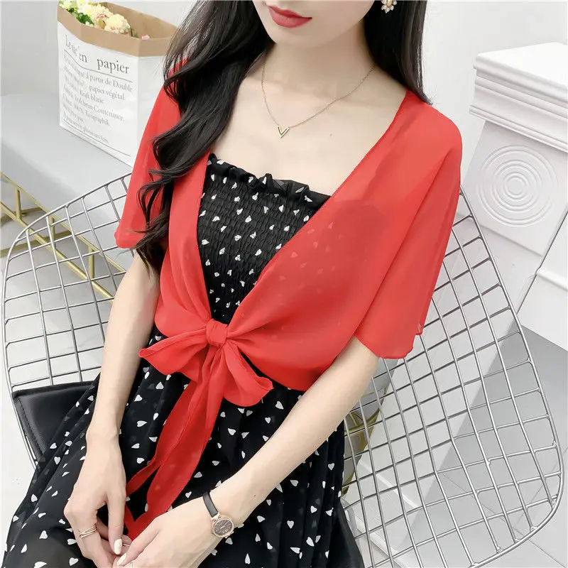 Korean Solid Chiffon Transparent Sunscreen Shawl Women\'s Summer Air Conditioning Blouses Bow Neck Guard Cloak Sun Silk Scarf R17