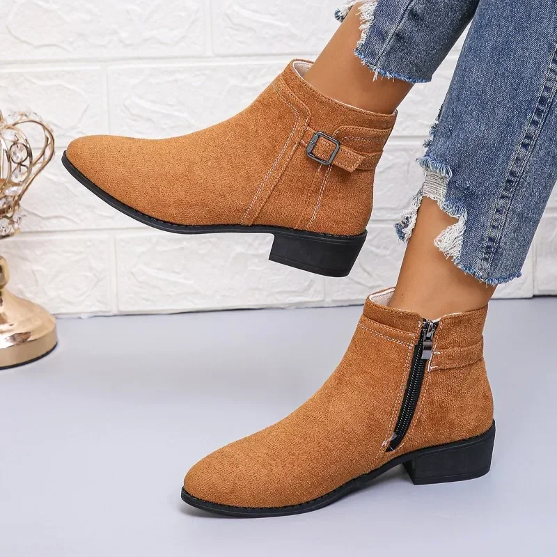 2024 Hot Sale Shoes for Women Side Zip Women\'s Boots Winter Round Toe Suede Solid Short Barrel Low Heels Large Size Naked Boots