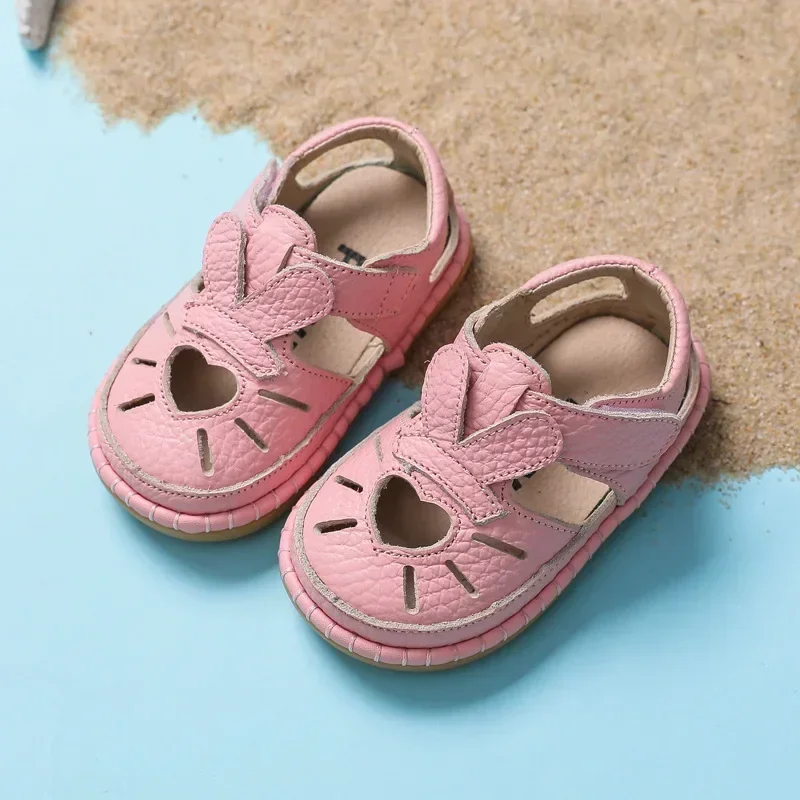 Baby Girls Genuine Leather Sandals Summer Children Beach Sandals Anti-collision Infant Toddler Shoes Love Kids Princess Shoes