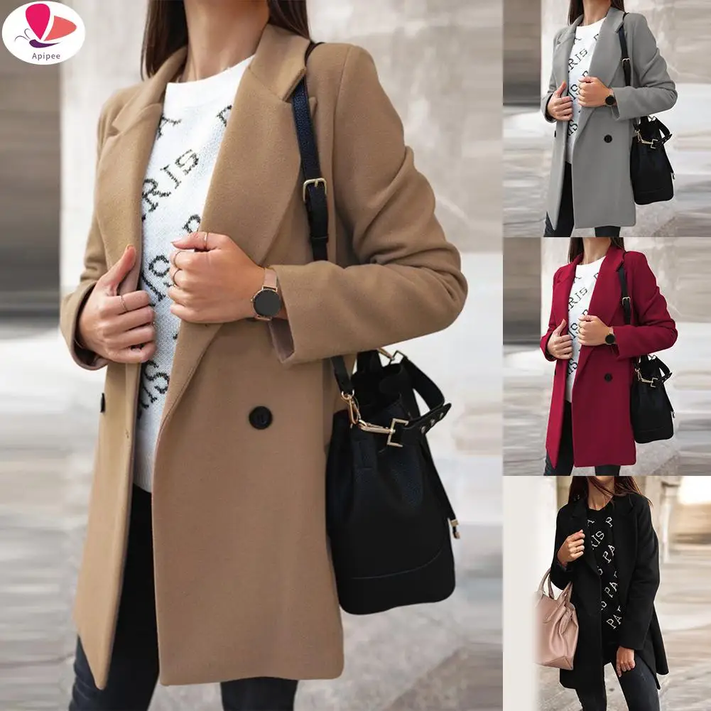 

Women Coats and Jackets 2024 5XL Women Autumn Winter Fashion Wide Lapel Double-line Buttons Warm Coat Outwear Overcoat