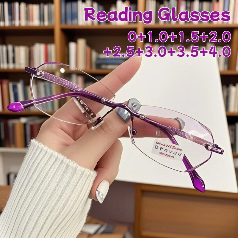 Ultra-light Metal Rimless Reading Glasses Ladies Fashion Diamonds Fine Flash High-definition Anti-blue Light Presbyopia Glasses