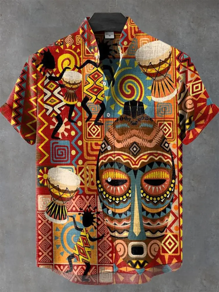 2025 Vintage African Style Men\'s Retro Ethnic Tribal Short Sleeve Shirt Tops Fashion Casual Vacation Streetwear Men\'s Shirt