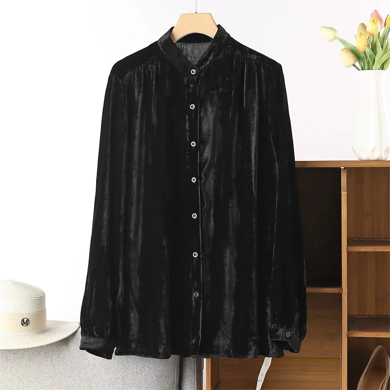 Velvet Shirt Women's Fashion Versatile Solid Color Blouses Plus Size Long Sleeve Loose Fit Shirt With Button Spring O-neck Shirt