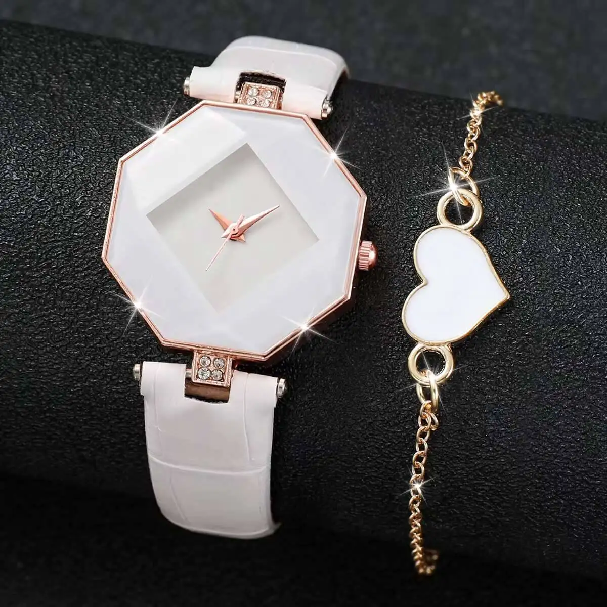 2/4PCS Fashion Women Watches Casual Leather Strap Analog Quartz Watch Heart Bracelets Set Reloj Mujer（Without Box）