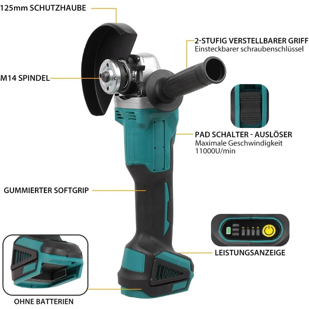 Podofo 10000 U/min M14 Bürstenloser Akku-Winkelschleifer Polier- und Schneidwerkzeug für Holzbearbeitung Kompatibel mit Makita 18V Akku – Detail 10
