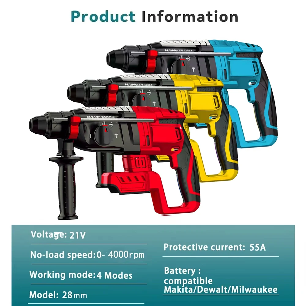 Brushless 28MM Electric Hammer Drill Multifunctional Rotary Cordless Rechargeable PowerTool For Makita/Dewalt/Milwaukee 20V Pin