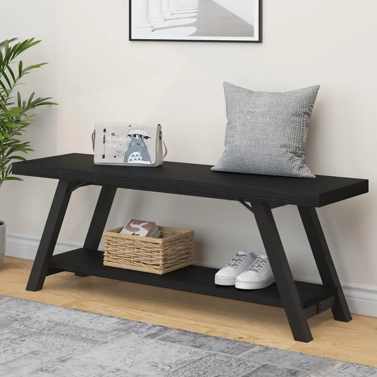 

Black Bench, Modern Storage Bench for Bedroom, Wood Metal Entryway Bench, Indoor Accent Seating Benchs, Black Oak 47 Inch Long