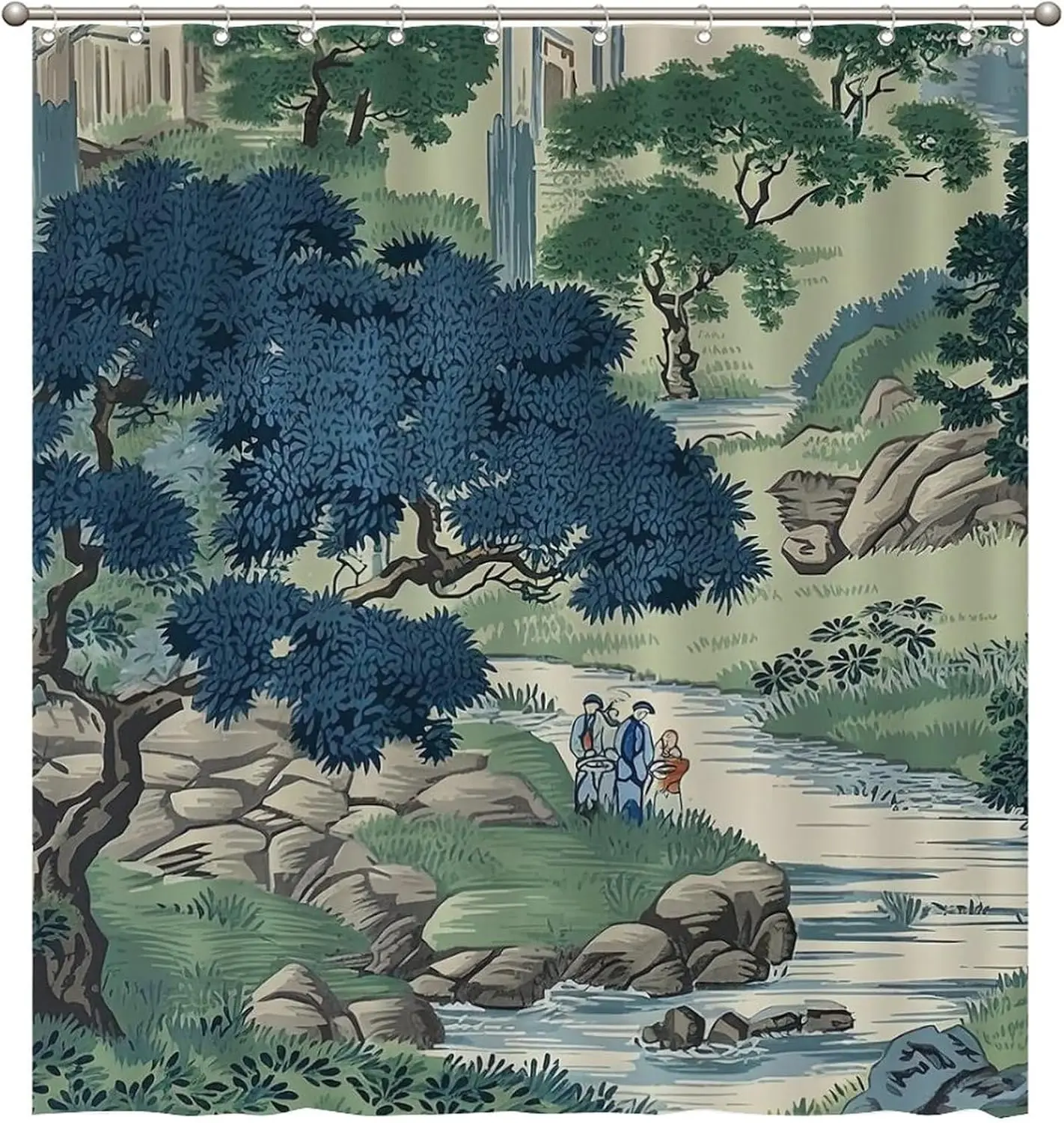

Asian Dynasty Garden Shower Curtain Blue and Green Scenic Chinoiserie Waterproof Bathtub Curtain Chinoiserie Polyester Shower Cu