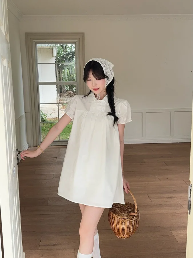 

Fashionable Loose Women's Summer Outfit Bubble Sleeve Turn-down Collar Dress And Shorts Two-piece Set High Waist Shorts