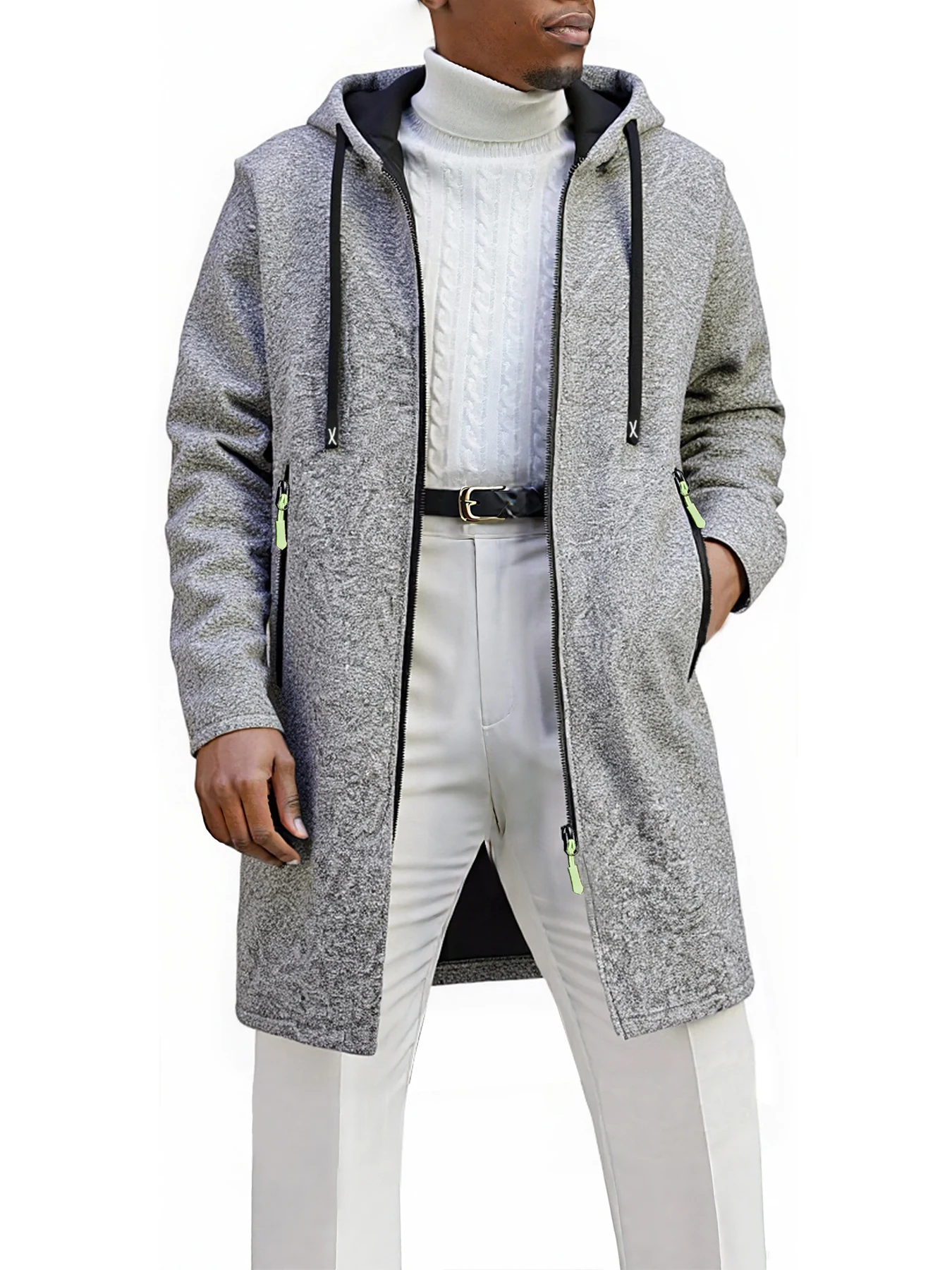 Men Mid‑Length Hooded Full Zip Sweatshirt Heather Knit Hooded outerwearFleece Lined Coat With Drawstring Zipper Pockets