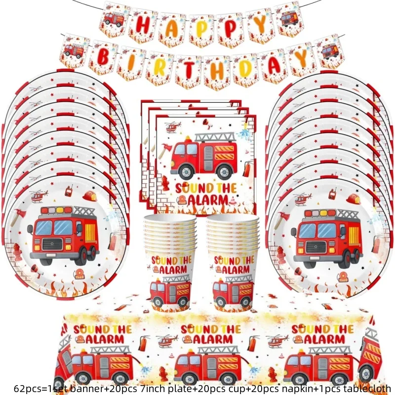 Feuerwehr-Party-Set: Teller, Becher, Servietten, Einweggeschirr, Flaggen, Banner, Geburtstagsdekoration, Feuerwehrmann-Partyballons, Kuchendekoration – Detail 8