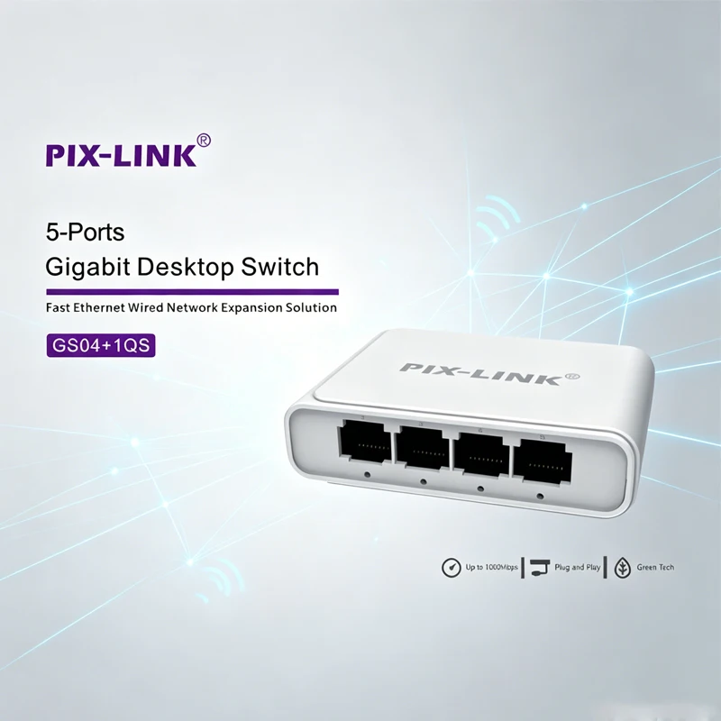 

PIX-LINK LV-GS04+1QS-V1.0 4-Port Gigabit Ethernet Switch 1000Mbps Fast Network Splitter Plug Play Network Splitter Cable Expande