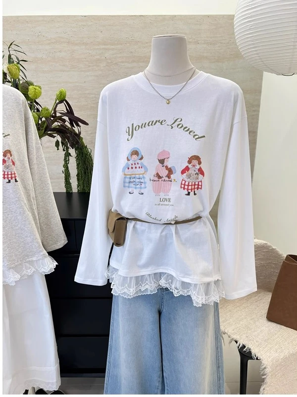 

Sweet Style Long Sleeve T-Shirt Women's Loose Slimming Casual Top Korean Version Cotton Straight Tube Shape Spring 2025