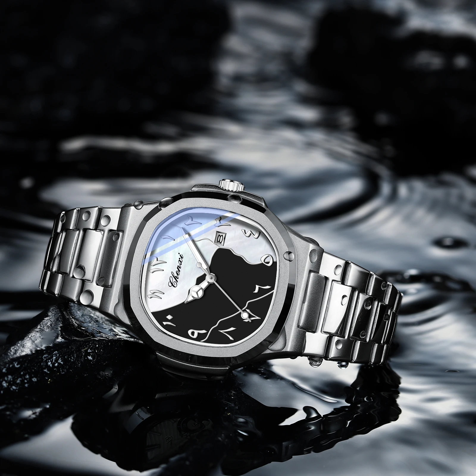 CHENXI นาฬิกาแบรนด์หรูสำหรับผู้ชาย นาฬิกาข้อมือผู้ชายแฟชั่นเรียบง่าย สายเหล็ก ควอตซ์ กันน้ำ แสดงวันที่เรืองแสง