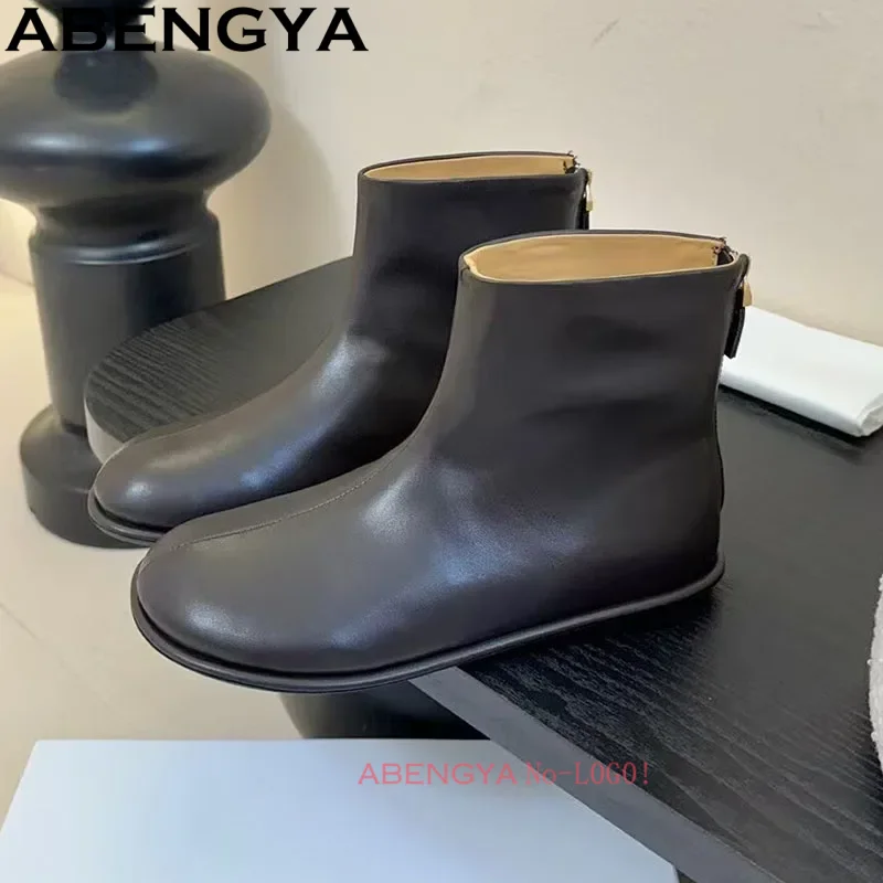 

ABENGYA Black Leather Flat Heel Ankle Boots For Women Round Toe Short Boots Autumn Casual Shoes Ladies Botas Mujer