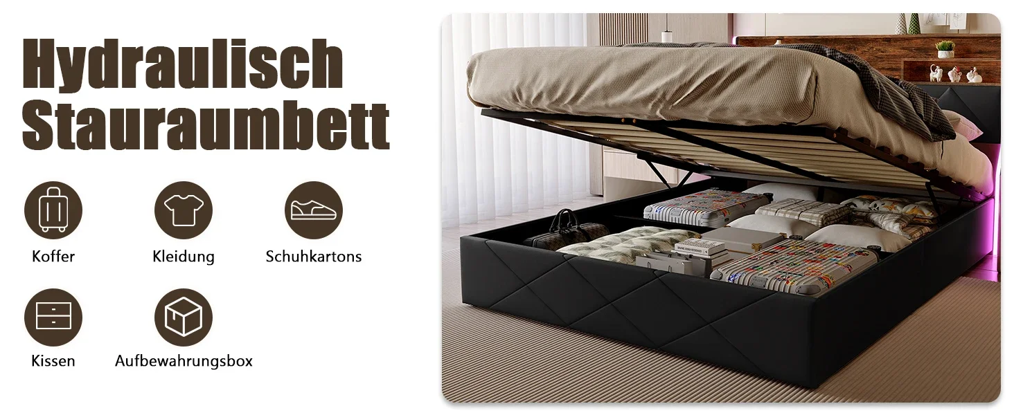 Comanlai Gepolstertes Doppelbett mit LED und USB, Jugendbett mit 4 Schubladen, Funktionaler Bettrahmen mit Stauraum im Kopfteil, Leinen – Detail 6
