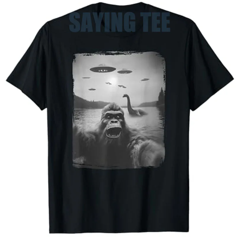 

Nessie and UFO, Sasquatch Rare Selfie, The Loch Ness Bigfoot T-Shirt Funny Hiking and Camping Y2k Design Graphic Outfit Cool Tee