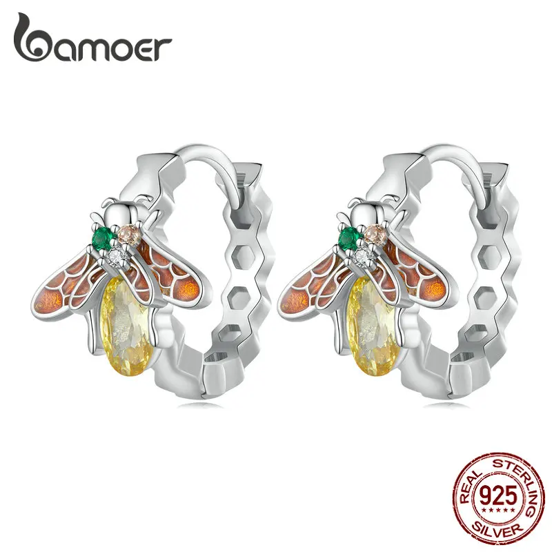 

Bamoer 925 пробы Серебряные Желтые медовые пчелы пряжки для ушей серьги-кольца с насекомыми серьги с кубическим цирконием для женщин ювелирные украшения BSE808