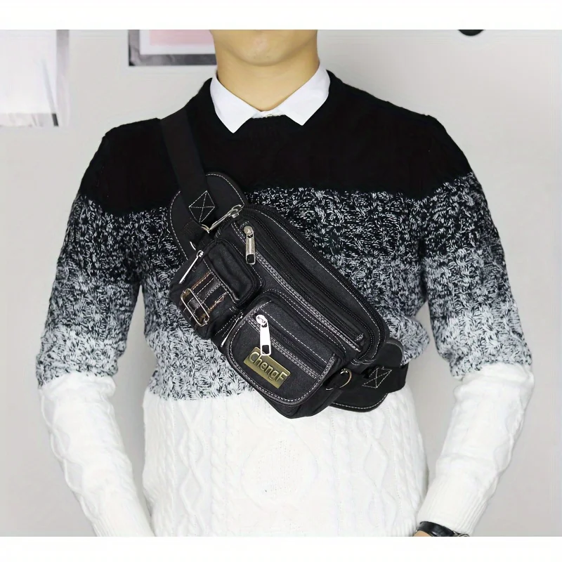Vintage Canvas Bauchtasche mit mehreren Reißverschlusstaschen, verstellbarem Riemen, lässige Outdoor-Reise- und Fahrradtasche für Herren, für den täglichen Gebrauch – Detail 7