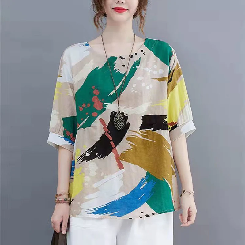 Vintage Printed O-Neck Casual Short Sleeve Floral Blouses Women's Clothing 2024 Summer New Loose All-match Tops Commuter Shirts