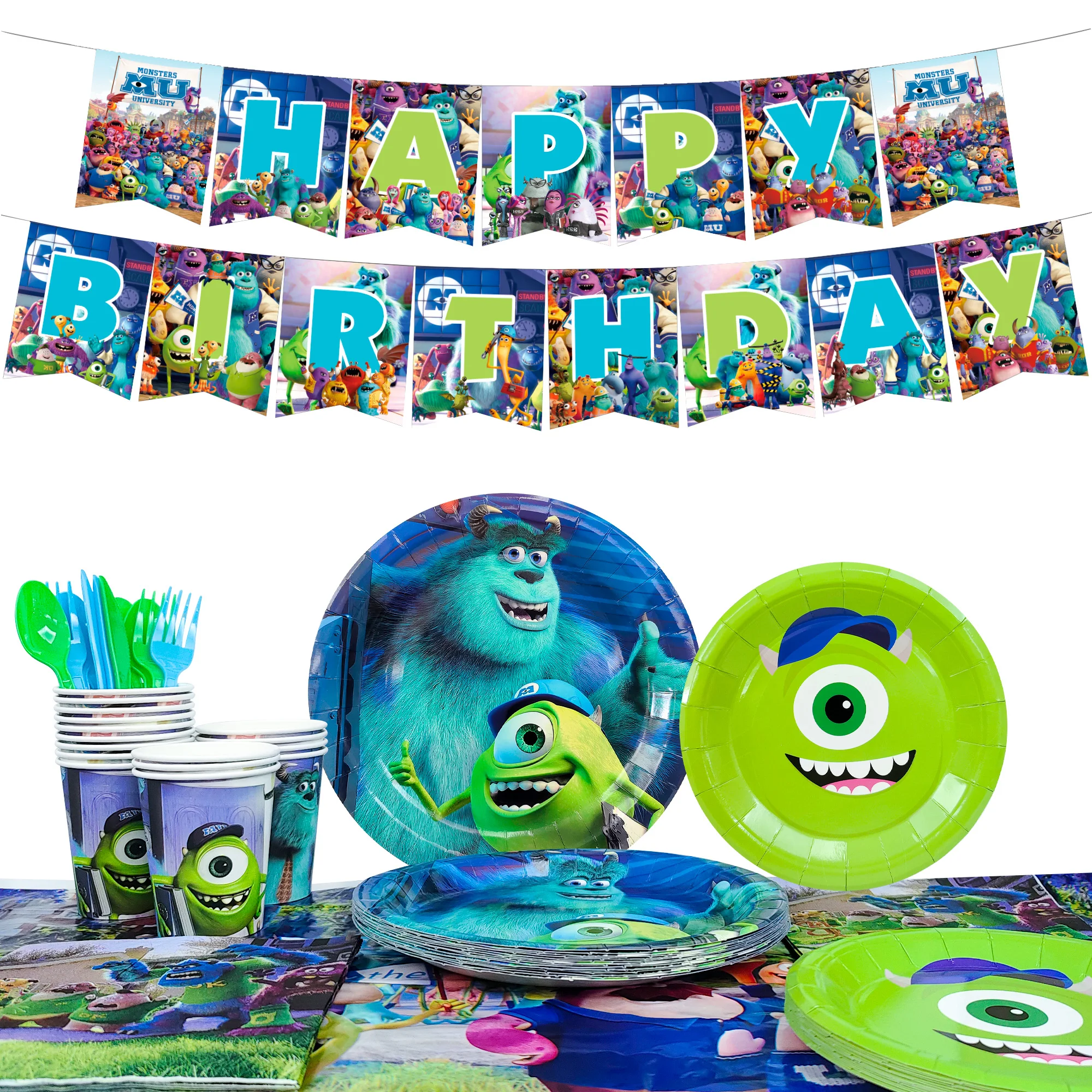 Forniture Per Feste Dell'università M-Onster, 114 Pezzi Di Stoviglie Monsters Inc-Monsters Inc Banner Piatti Tazze Ecc. Forniture Per Feste Monster Inc-image