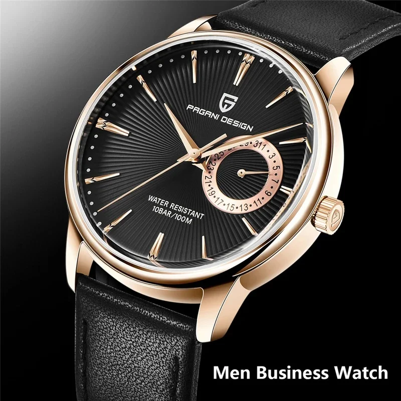 PAGANI DESIGN PD-1654 Men Quartz Wristwatch 30M Waterproof Leather Strap Blue Dial Calendar Dress Watch