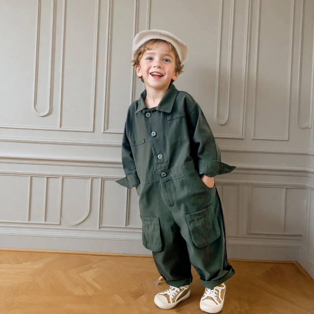 

Autumn Boys Cotton Casual Cargo Pants Lapel Collar Multi Pockets Workwear Jumpsuit Long Children's Long Pants One-Piece Overalls