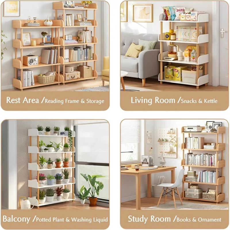 5-Tier Wooden Open Bookcase - Modern Display Bookshelf with Top and Solid Wood Frame Home and Office, Storage Cabin