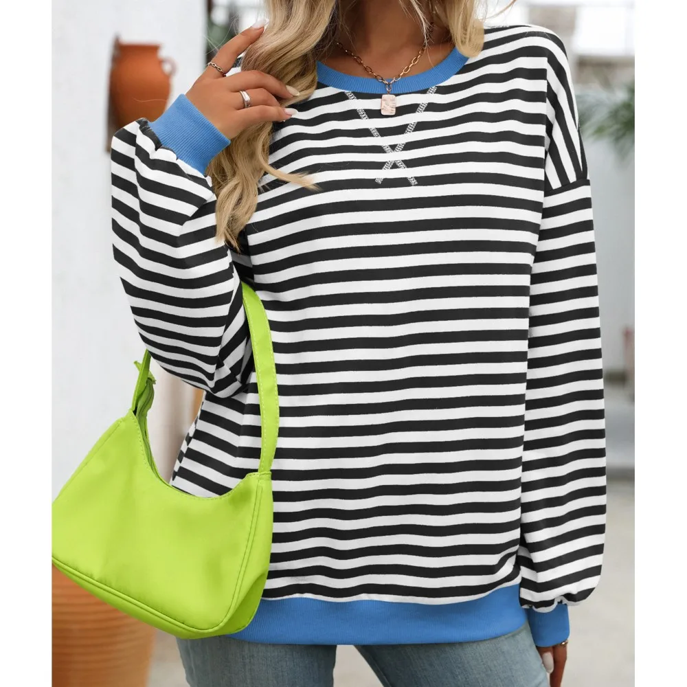 女性用ラウンドネックストライプカラースウェットシャツ,長袖セーター,ゆったりとしたスポーツウェア,カジュアルパーカー,秋冬のトップス,新しいコレクション2022