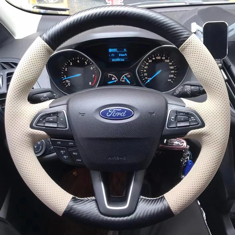 Dla Ford Focus 3 2015-2018 Kuga Escape C-MAX Ecosport 2018 2019 Ręcznie szyta antypoślizgowa osłona kierownicy z prawdziwej skóry — zdjęcie 3