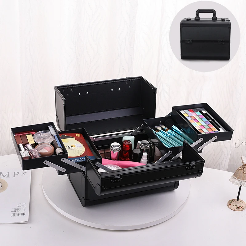 Makeup train case large portable cosmetic cases 4 trays professional makeup storage organizer box make up box