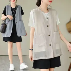 Women's Linen Blend Sleeveless V-Neck Summer Casual Vest Coat - Large Size Boho Chic Waistcoat Jacket Top Z2209