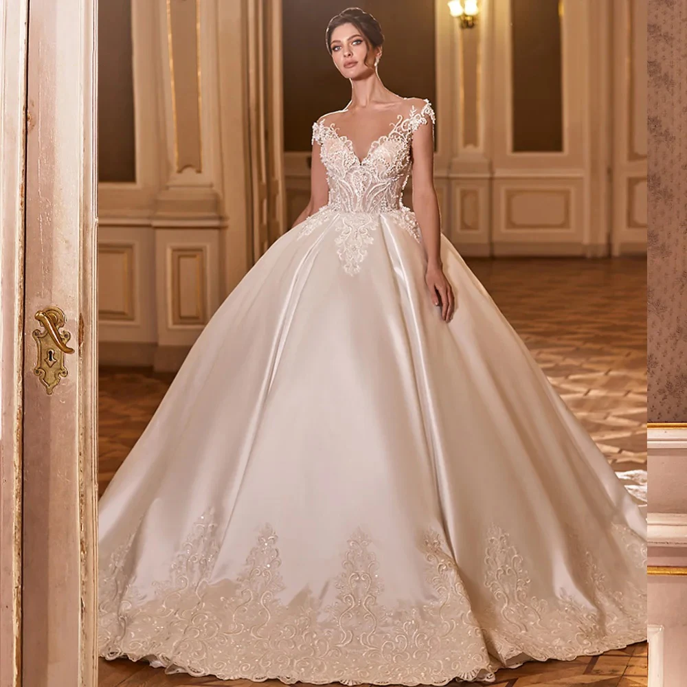 

Luxury Satin Ball Gown Vintage Wedding Dresses Customized 2024 Sweetheart Cap Sleeve Lace Beaded Applique Vestido De Novia