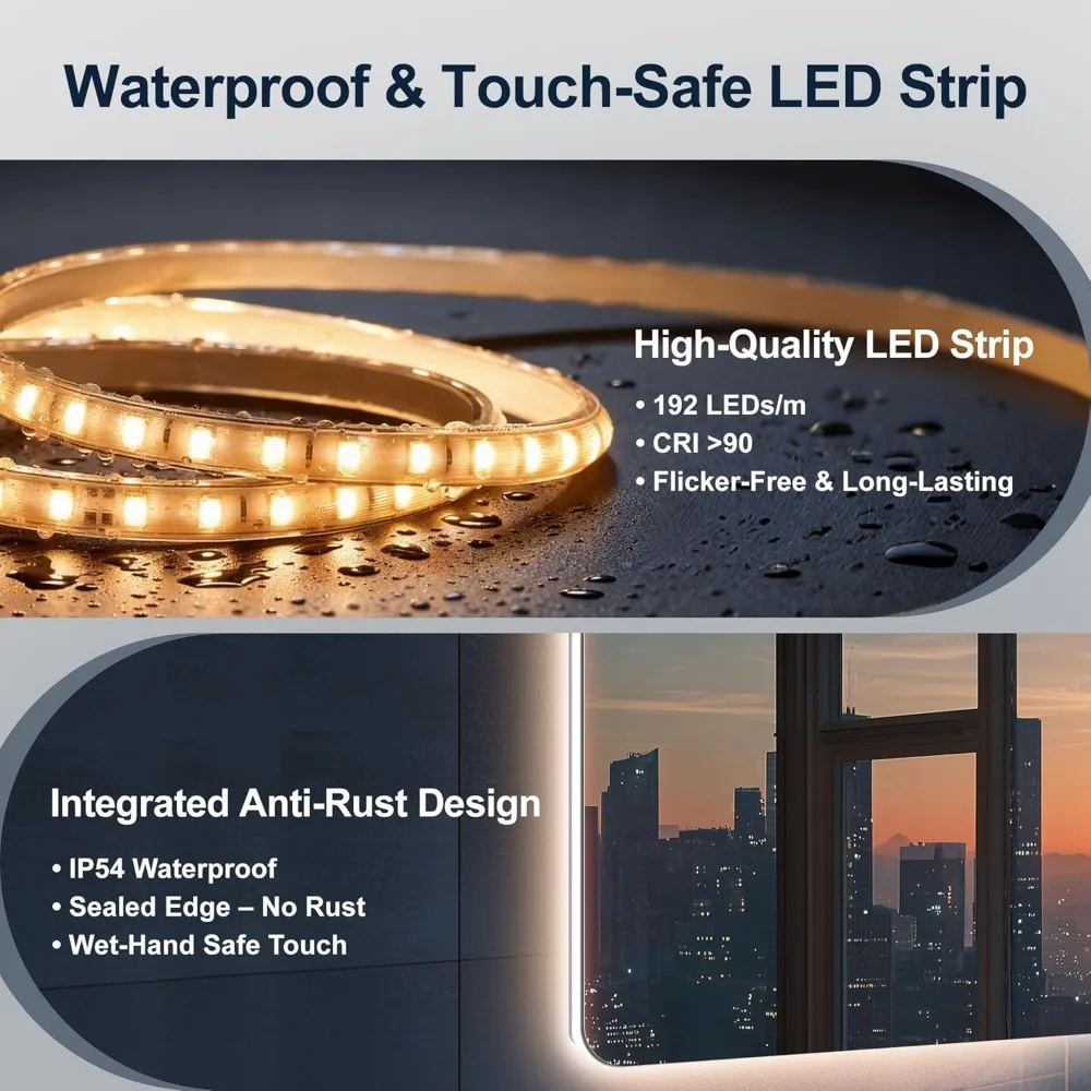 กระจกห้องน้ำ LED ไร้กรอบทรงสี่เหลี่ยมมุมโค้งมน พร้อมไฟที่ปรับความสว่างได้และป้องกันการแตก