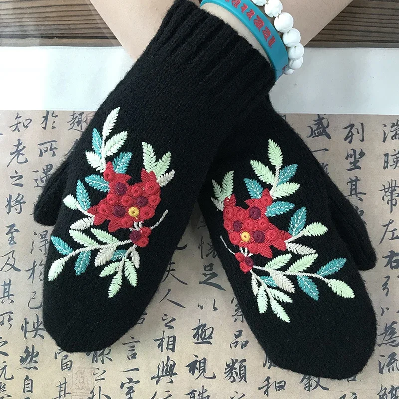 Autumn Winter Women's Red Bean Embroidered Mittens Retro Warm Black Floral Girls Woolen Gloves