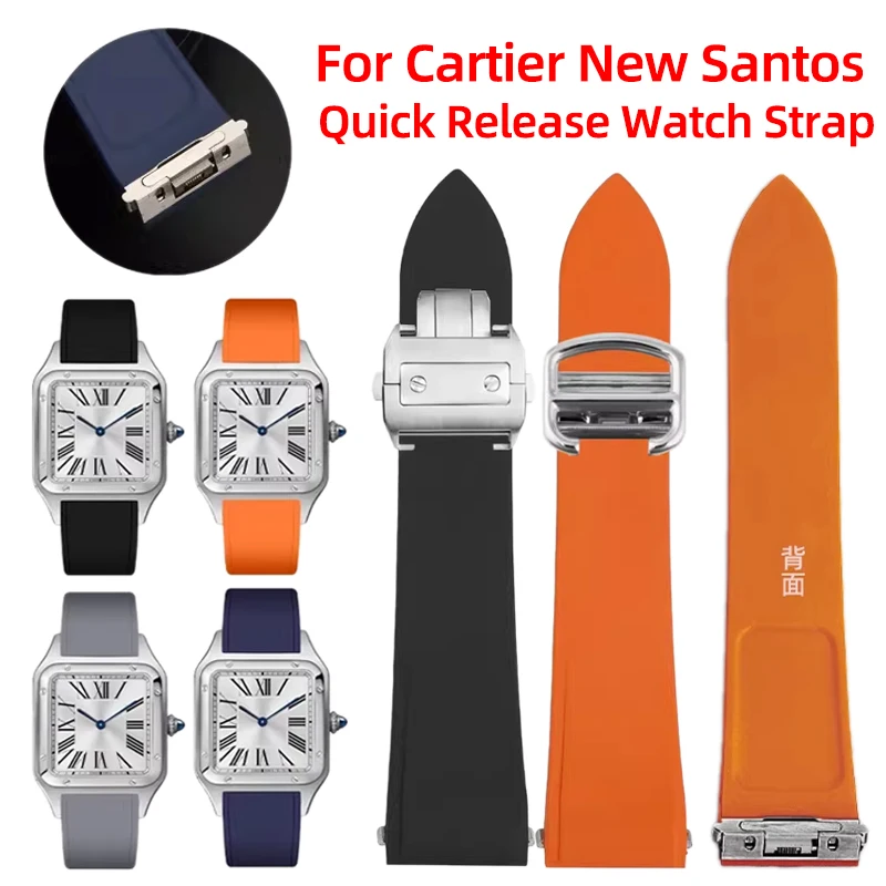 

For Santos 100 Fluoro Rubber Watchband Cartier Santos WSSA0009 Quick Release Watch band Fold Buckle Strap Black Orange blue 21mm