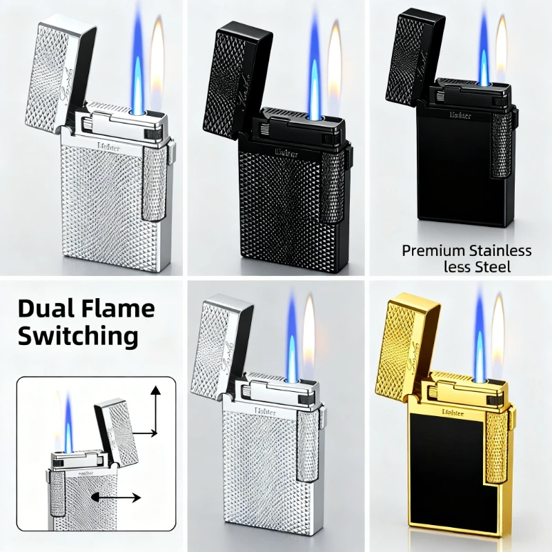 Double Flame Windproof Lighter - Crisp Loud Side-slip Flint Wheel, Refillable Cigarette Accessory & Premium Gift for Enthusiasts
