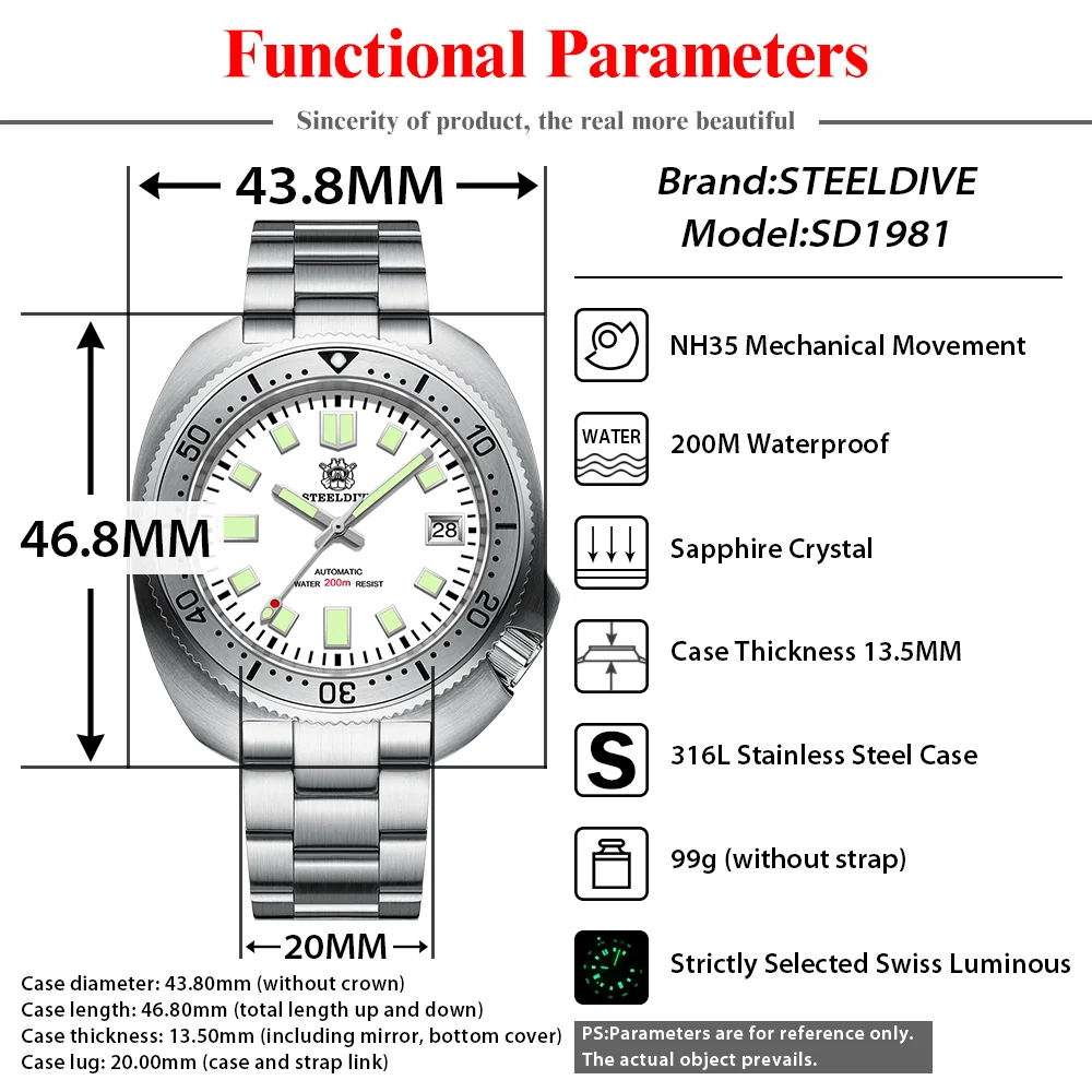 STEELDIVE SD1981 NEW Color Abalone Stainless Steel Bezel NH35 Movement Swiss Luminous 20Bar Waterproof Luxury Mechanical Watch