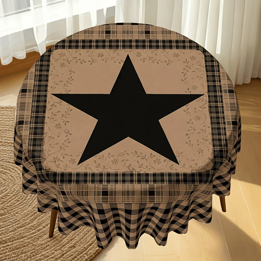 Brown and black checkered five-star American country-style pattern tablecloth, suitable for a country-style dining table