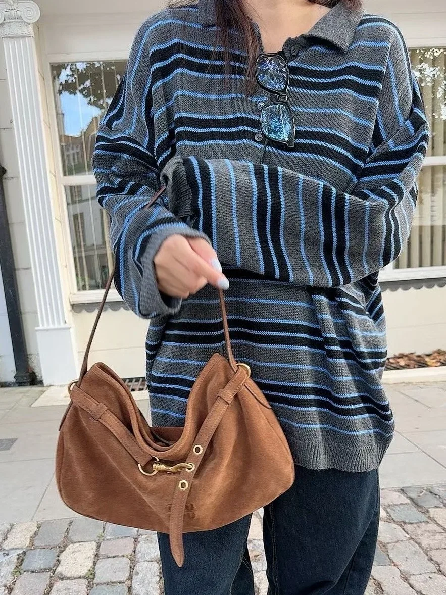 

Шикарный женский трикотаж в полоску большого размера, повседневный винтажный свитер свободного покроя, верхняя одежда из полиэфирного волокна, осенний сезон