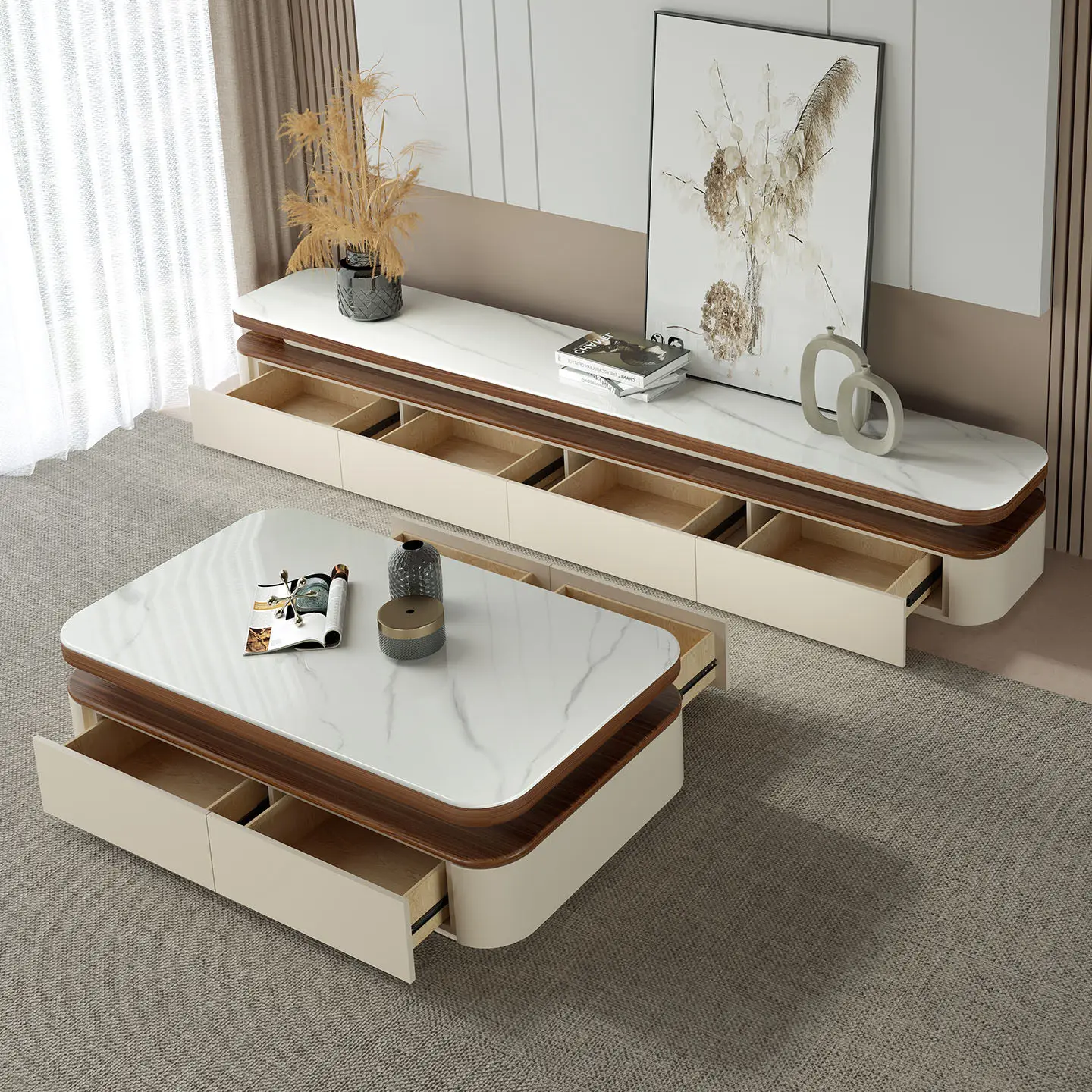 

New Medieval Rock Slab Coffee Table, Living Room Household Cream Wind Minimalist Floor Coffee Table