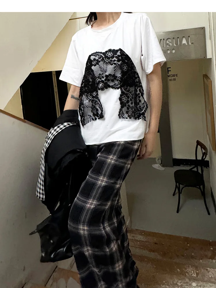 

LAMBO Premium Cotton Lace Trim ort Sve T-irt round Ne Commute Sle Summer Faion Women's Top Quali Fabric