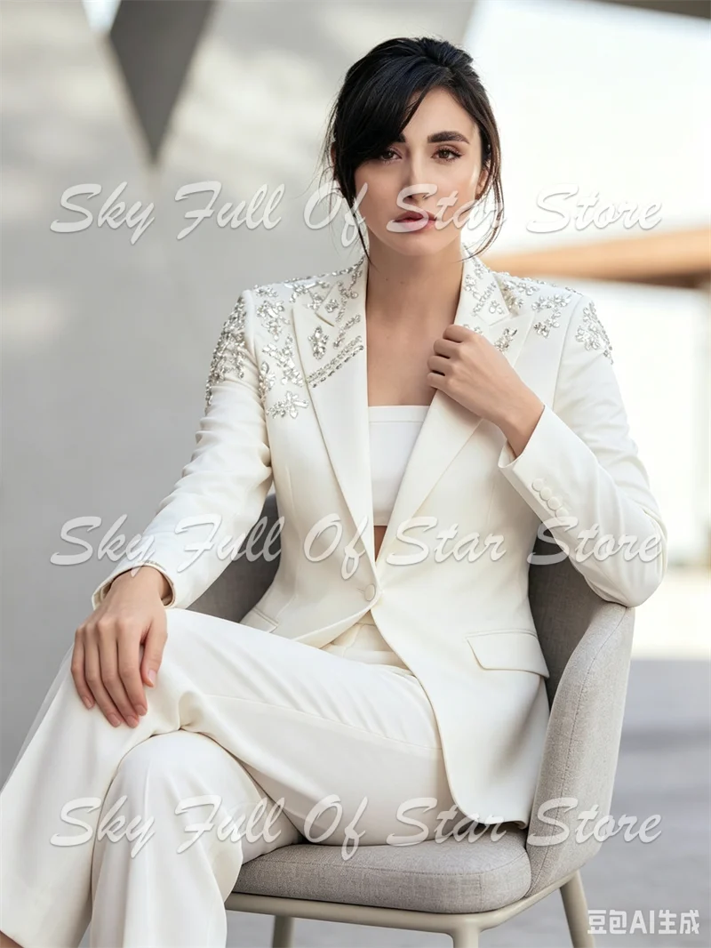 Women Suit Set 2 Pcs Sparkling Rhinestone Decor Shoulder Blazer+Straight Pants Custom Formal Evening Party Wedding Lady Coat
