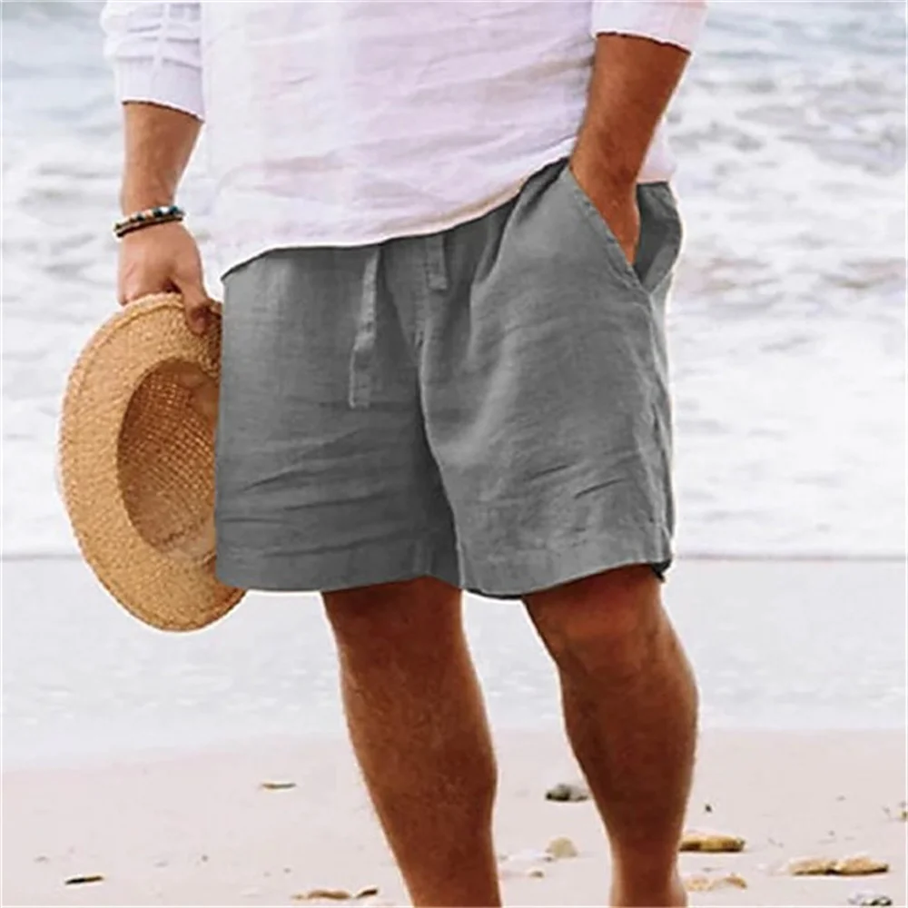 2024 Men summer cotton linen shorts draw rope elastic waist straight leg solid color breathable beach five casual medium pants